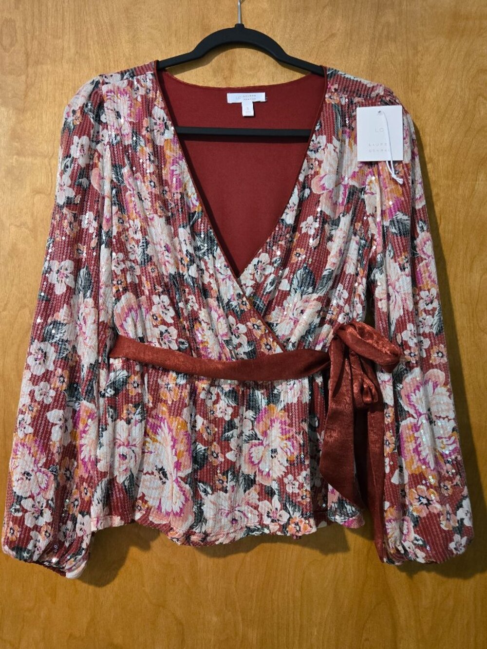 Lauren Conrad NWT Floral Sequin Faux Wrap Blouse Tie Waist Long Sleeve Size Sm
